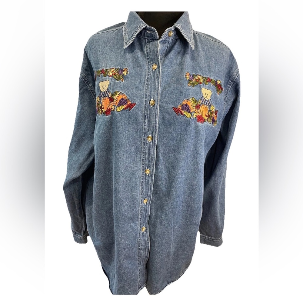 Bobbie Brooks ladies‎ denim 1990s embroidered bears/Fall/Harvest casual shirt XL